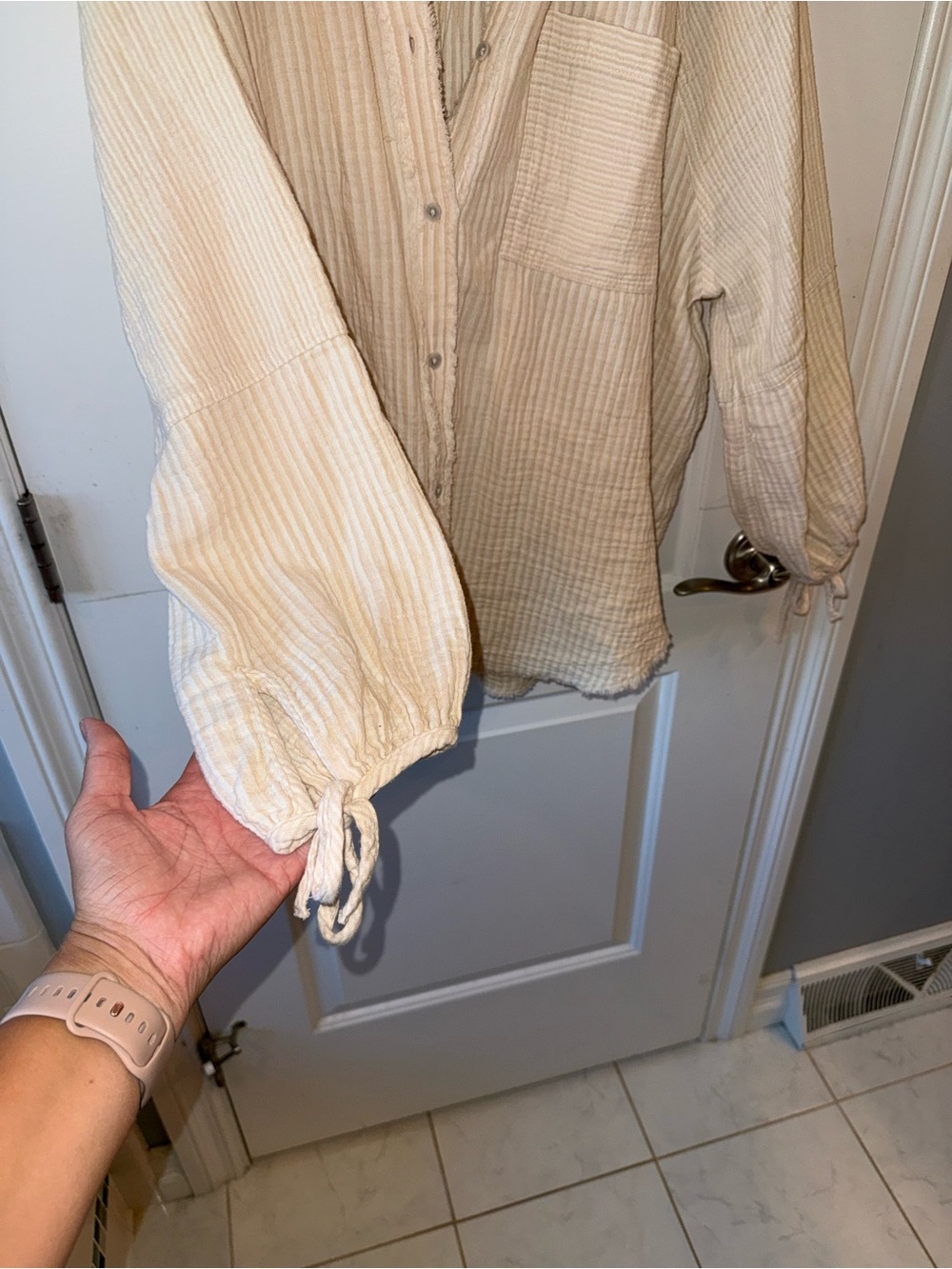 aerie Cream Lightweight Button-Down Gauze Shirt - Picture 3 of 4